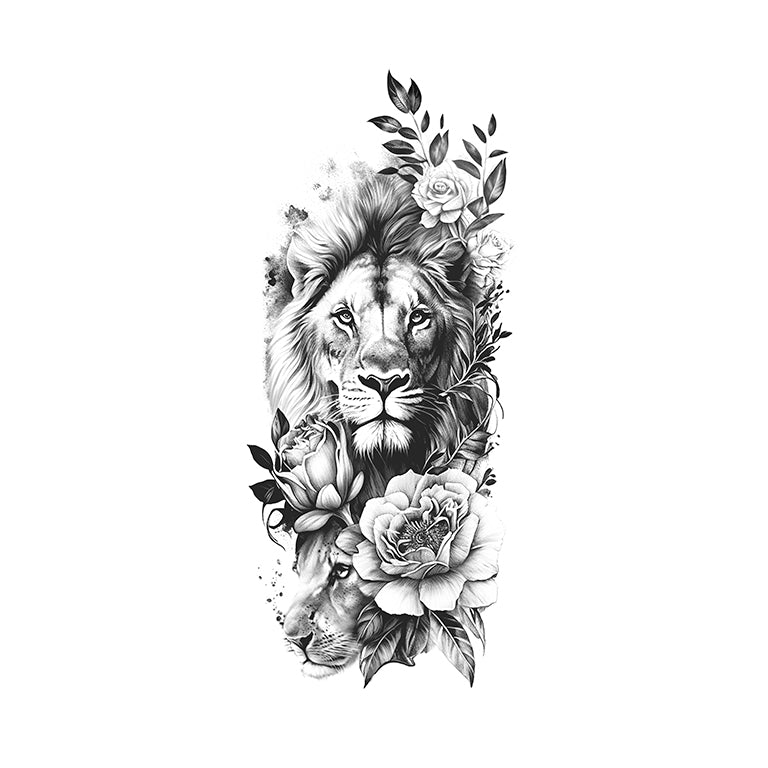 Temporary tattoo "Grey Floral Lion Sleeve"