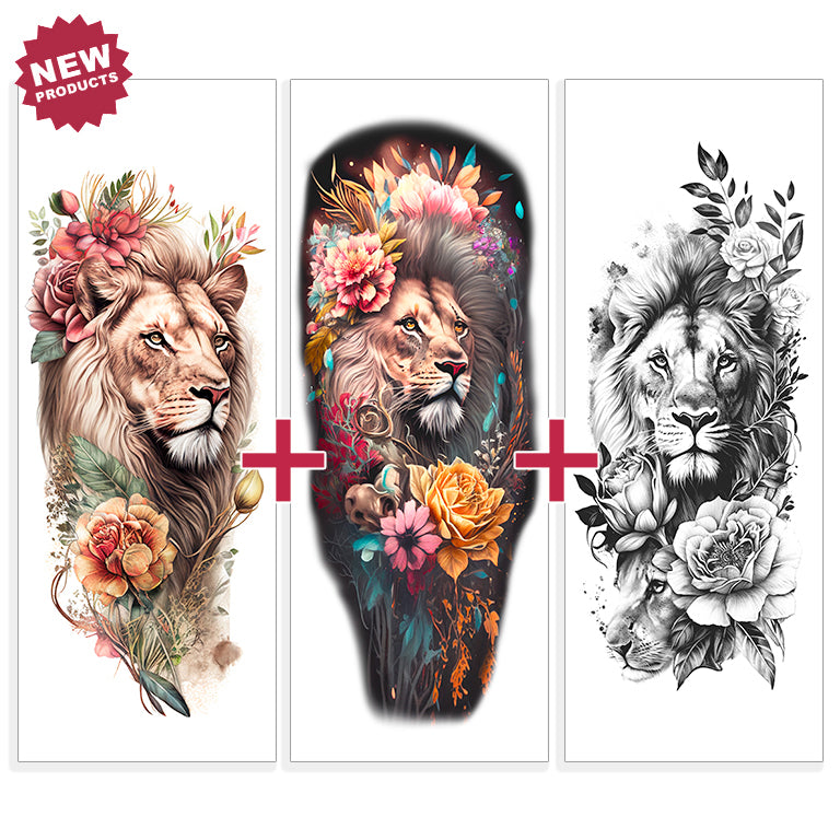 Tatuaje temporal "Set de 3" "León floral" para la manga