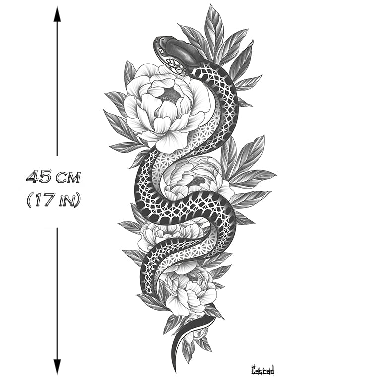 Temporary tattoo "Snake & Peony Sleeve - by CASCAD"