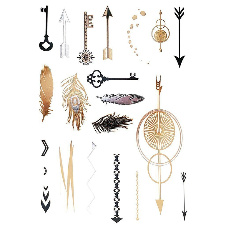 Tatouage éphémère : Metallic Gold Arrows & Feathers - ArtWear Tattoo - Tatouage temporaire