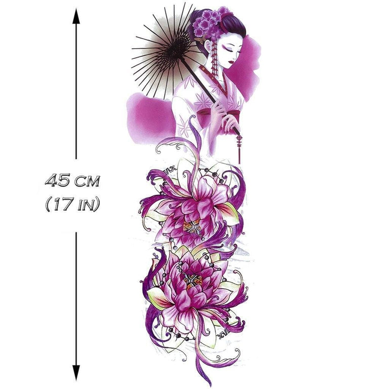Tatouage éphémère : Purple Lotus & Geisha Sleeve - ArtWear Tattoo - Tatouage temporaire